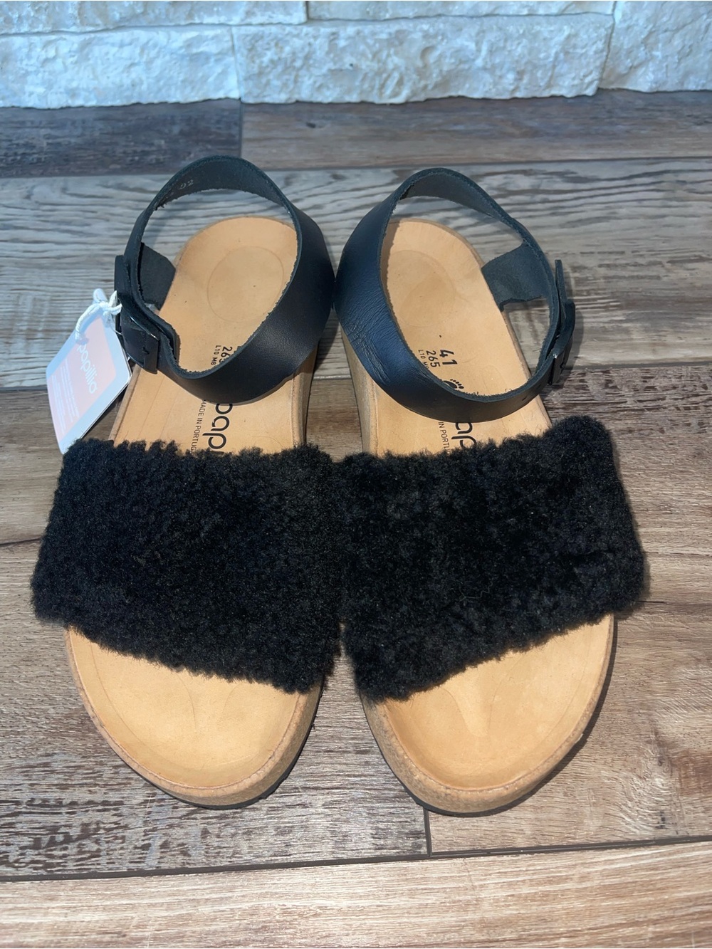 BIRKENSTOCK Papillio GLENDA TEDDY Shearling Leather Sandals BLACK NARROW Size 41